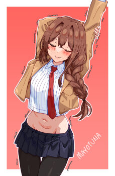 1girl absurdres arm_behind_head arms_up bakasp-lilzy black_pantyhose blue_skirt blush braid brown_hair brown_jacket closed_eyes closed_mouth collared_shirt copyright_name cowboy_shot crop_top cropped_jacket facing_viewer hair_over_shoulder highres inohana_rikka jacket long_hair long_sleeves mayonaka_heart_tune midriff miniskirt motion_lines navel necktie open_clothes open_jacket pantyhose pleated_skirt red_necktie ribbed_shirt shirt single_braid skirt smile solo stomach stretching thigh_gap two-tone_background white_shirt