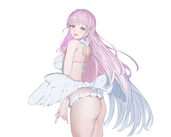 1girl absurdres angel_wings ass bikini blue_archive breasts feathered_wings frilled_bikini frills halo highres looking_at_viewer looking_back low_wings medium_breasts mika_(blue_archive) mika_(swimsuit)_(blue_archive) nayuta9671 official_alternate_costume official_alternate_hairstyle open_mouth pink_hair pink_halo simple_background smile solo swimsuit white_background white_bikini white_wings wings