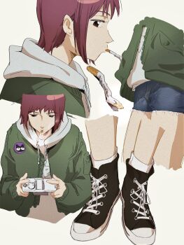 Rule 34 | alternate costume, camera, cigarette, converse, flcl, green jacket, highres, holding, holding camera, hood, hoodie, jacket, pink punk ponk, red hair, samejima mamimi, shorts, simple background, smoking, white background, white hoodie