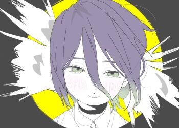 1girl 23_58 aegyo_sal black_choker border chainsaw_man choker closed_mouth collared_shirt double-parted_bangs gradient_hair green_eyes green_hair grey_border hair_between_eyes long_hair_between_eyes multicolored_hair outside_border partially_colored portrait purple_hair reze_(chainsaw_man) round_border shirt short_hair simple_background smile solo two-tone_hair yellow_background