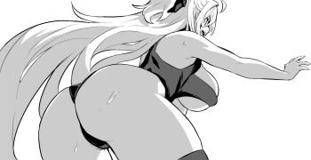 1girl ass azur_lane azur_lane:_slow_ahead black_bow bow breasts from_behind greyscale hair_bow hakuhou_(azur_lane) hakuhou_(floral_ninja_roleplay)_(azur_lane) hori_(hori_no_su) huge_breasts leotard long_hair monochrome ninja official_art open_mouth simple_background solo underboob very_long_hair white_background