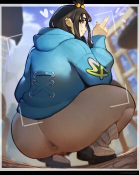 1girl absurdres anus black_hair blue_hoodie commentary cube_hair_ornament english_commentary female_pubic_hair fluffydango grey_eyes hair_ornament highres hood hood_down hoodie leggings lida_(pokemon) long_hair long_sleeves looking_at_viewer nintendo pokemon pokemon_legends:_z-a pubic_hair pussy smile squatting topknot