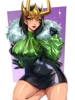 1girl artist_name black_hair black_skirt breasts commentary fake_horns gold_tiara green_eyes green_shirt highres horned_headwear horned_tiara horns lady_loki large_breasts loki_(marvel) long_hair marvel marvel_rivals shirt skirt solo sparkle tiara w33ping_cat