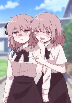 2girls adipocere_(vocaloid) alternate_costume bag black_bow black_bowtie black_skirt blue_sky blurry blurry_background blush bow bowtie building collared_shirt commentary_request cowboy_shot creator_connection day dress_shirt dual_persona furrowed_brow gloom_(expression) hair_ribbon half-closed_eyes locked_arms long_shirt long_sleeves looking_at_another matching_outfits medium_hair multiple_girls outdoors path pleated_skirt ribbon road rolling_eyes school school_uniform scowl shirt shirt_tucked_in short_sleeves shoulder_bag skirt sky smile songover standing urapocere_(vocaloid) vocaloid zako_(zakodayo00)