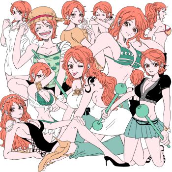 Rule 34 | 1girl, arabian clothes, armlet, bangle, beads, bikini, bikini top only, black dress, blue pants, blush, bottomless, bracelet, breasts, camisole, cleavage, clima-tact, closed mouth, commentary request, crop top, cross-laced clothes, cross-laced dress, denim, dress, earrings, green bikini, green camisole, hair beads, hair ornament, happy tears, harem outfit, hat, high heels, high ponytail, holding, holding staff, jeans, jewelry, knees up, large breasts, log pose, long hair, low twintails, midriff, mike (tomatomato244), miniskirt, multiple views, nami (one piece), official alternate costume, official alternate hairstyle, one eye closed, one piece, one piece: strong world, one piece film: gold, open mouth, orange eyes, orange hair, pants, pearl earrings, pleated skirt, ponytail, sandals, shirt, short hair, short sleeves, shoulder tattoo, side-tie dress, sitting, skirt, staff, straw hat, swimsuit, tattoo, tears, tongue, tongue out, twintails, wavy hair, white dress, white shirt, wing collar, yellow bikini, yellow shirt