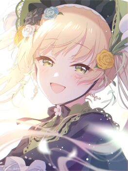 Rule 34 | 1girl, :d, artist name, black flower, black rose, blonde hair, blurry, blurry foreground, commentary request, flower, green bonnet, green eyes, hair flower, hair ornament, highres, light particles, long hair, looking at viewer, mahou shoujo no majo saiban, open mouth, petals, rose, smile, solo, suisou koke, tono hanna, twintails, upper body, white background, white flower, yellow flower, yellow rose