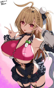 Rule 34 | 1girl, armpit crease, asamura hiori, black skirt, blonde hair, breasts, cissia (zenless zone zero), commentary request, dated, detached sleeves, earclip, highres, large breasts, leotard, looking at viewer, metal wrist cuffs, microskirt, pink nails, red eyes, shock collar, side ponytail, skirt, snake, snake girl, snake tail, solo, tail, tongue, tongue out, underboob, white background, white snake, zenless zone zero