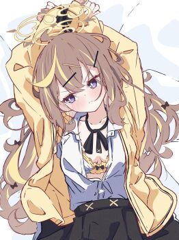 Rule 34 | 1girl, arms up, averting eyes, bed sheet, black bow, black ribbon, black skirt, blonde hair, blue archive, blush, bow, bow bra, bra, breasts, bright pupils, brown hair, cardigan, closed mouth, collarbone, hair ornament, hairclip, halo, highres, kanikama acedia, long hair, long sleeves, looking to the side, lying, multicolored hair, neck ribbon, on back, open cardigan, open clothes, open shirt, pleated skirt, purple eyes, rena (blue archive), ribbon, shirt, skirt, small breasts, solo, streaked hair, underwear, white bra, white pupils, white shirt, yellow cardigan