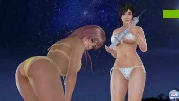 2girls 3d animated ass beach bikini breasts dead_or_alive dead_or_alive_xtreme female_focus full_moon game_screenshot honoka_(doa) large_breasts moon multiple_girls night night_sky outdoors palm_tree pink_hair sayuri_(doa) sky sound star_(sky) swimsuit syringe tan tanline tecmo thighs tree video video_game_screencap white_bikini yellow_bikini
