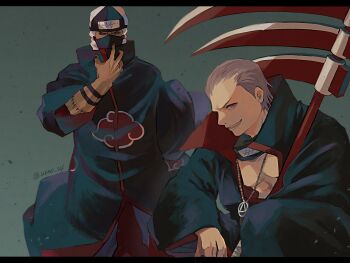 2boys :d akatsuki_uniform black_coat coat colored_sclera commentary forehead_protector green_eyes grey_hair hidan_(naruto) highres jewelry kakuzu_(naruto) long_sleeves looking_at_viewer male_focus mask mouth_mask multiple_boys naruto_(series) naruto_shippuuden necklace open_mouth pink_eyes red_sclera scythe short_hair smile stitched_arm stitches symbol-only_commentary takigakure_symbol teeth twitter_username unno_24 yugakure_symbol
