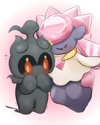 blush closed_eyes commentary commentary_request diancie english_commentary floating flying_sweatdrops gen_6_pokemon gen_7_pokemon gradient_background heart highres kiss legendary_pokemon marshadow mixed-language_commentary motion_lines mythical_pokemon nintendo no_humans pokemon pokemon_(creature) simple_background smile standing trembling vitamin_t