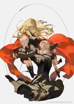 Rule 34 | 1girl, 2boys, aged down, blonde hair, blue eyes, brothers, closed mouth, dante (devil may cry), devil may cry (series), dress, eva (devil may cry), family, hair slicked back, highres, holding, long hair, mother and son, motherly, multiple boys, parent and child, short shorts, shorts, siblings, smile, vergil (devil may cry), watermark, weibo 7054093389, weibo watermark, white hair