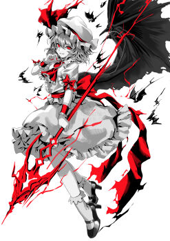 1girl absurdres bat_wings commentary_request full_body hat hayaten high_heels highres looking_at_viewer mob_cap partially_colored red_eyes red_ribbon remilia_scarlet ribbon shirt short_hair simple_background skirt solo spear_the_gungnir touhou white_background wings