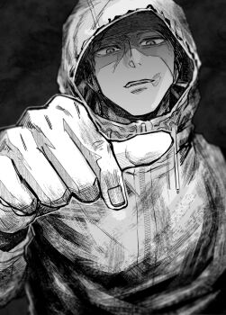 1boy commentary drawstring fingernails grey_background greyscale hood hood_up hooded_jacket itadori_yuuji jacket jujutsu_kaisen jujutsu_kaisen_modulo looking_at_viewer male_focus monochrome nay_bb open_mouth pointing pointing_down scar scar_on_face scar_on_mouth solo untranslatable_commentary zipper