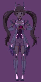 1girl :d absurdres ahoge android bad_source blush brown_eyes brown_hair cherry_blossoms dim_lighting dress escape_(idolmaster) formal_clothes full_body glow-in-the-dark glowing_clothes hair_ornament hakozaki_serika heart heart_hands highres idolmaster idolmaster_million_live! idolmaster_million_live!_theater_days lielos mechabare mechanical_heart open_mouth pink_background pink_frills pink_suit pink_thighhighs smile standing suit thighhighs