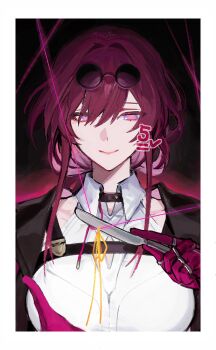 1girl black-framed_eyewear black_background black_choker black_jacket border breasts choker cleavage_cutout closed_mouth clothing_cutout collared_shirt commentary_request eyewear_on_head gloves hair_between_eyes hand_up holding holding_knife honkai:_star_rail honkai_(series) jacket jewelry kafka_(honkai:_star_rail) knife lapels large_breasts long_hair looking_at_object looking_down low_ponytail multiple_rings open_clothes open_jacket pink_gloves pink_pupils ponytail purple_eyes purple_hair ring ririri_(lilili_tea) round_eyewear shirt sidelocks simple_background smile solo sunglasses thread upper_body white_border white_shirt