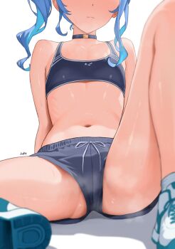 Rule 34 | 1girl, absurdres, ass, asymmetrical sidelocks, black choker, black shorts, black sports bra, blue hair, breasts, choker, closed mouth, colored shoe soles, commentary, diptip, english commentary, facing viewer, head out of frame, highres, hololive, hoshimachi suisei, knee up, legs, medium hair, midriff, navel, paid reward available, shoe soles, shoes, short shorts, shorts, side ponytail, sidelocks, simple background, sitting, small breasts, smile, sneakers, solo, sports bra, spread legs, stomach, thighs, virtual youtuber, white background, white shoes