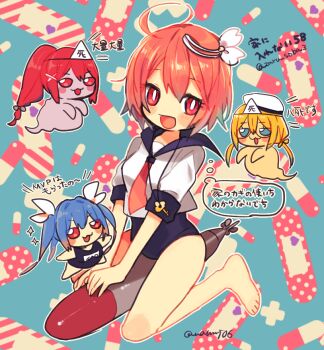 4girls :3 ahoge barefoot blonde_hair blue_eyes blue_hair blush ghost glasses hair_ornament hat i-168_(kancolle) i-19_(kancolle) i-58_(kancolle) i-8_(kancolle) kantai_collection kneeling long_hair low_twintails mini_person minigirl multiple_girls natsumi_(natumi06) one-piece_swimsuit open_mouth pink_hair ponytail red_hair sailor_collar school_swimsuit short_hair solo_focus sparkle swimsuit swimsuit_under_clothes torpedo translation_request triangular_headpiece twintails twitter_username white_hat