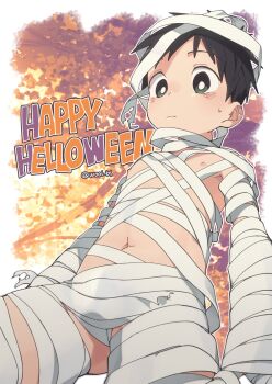 1boy bad_id bad_twitter_id bandages bright_pupils closed_mouth green_eyes halloween happy_halloween highres inactive_account male_focus mummy_costume naked_bandage navel nipples original shota solo sweatdrop twitter_username white_pupils wool_bl