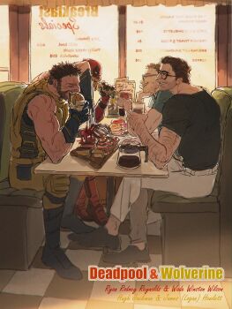 4boys arm_hair black_shirt bodysuit brown_hair burger chair character_name checkered_floor claw_(weapon) coffee_pot cup deadpool deadpool_&amp;_wolverine deadpool_(series) donut drink eating food from_side full_body glasses gloves grin head_rest highres holding holding_cup holding_food hugh_jackman impaled indoors looking_at_another male_focus marvel marvel mask_lift mcbuckwheat multiple_boys muscular muscular_male pants pectorals real_life red_bodysuit red_mask restaurant ryan_reynolds shirt short_hair sitting smile stab superhero_costume table teeth veins veiny_arms weapon window wolverine_(x-men) x-men yellow_bodysuit