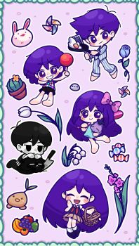 2girls 3boys :d ^_^ absurdly_long_hair animal antenna_hair apple aubrey_(headspace)_(omori) aubrey_(omori) ball banana bare_arms bare_legs barefoot baseball_bat basket black_cat black_eyes black_hair black_shirt black_shoes black_shorts black_socks blue_dress blue_flower blue_rose border bow brother_and_sister brothers brown_skirt cactus candy cat checkered_clothes checkered_shirt chibi chibi_only closed_eyes collared_shirt colored_skin double-parted_bangs dress empty_eyes expressionless facing_viewer flower food forest_bunny_(omori) fried_egg fruit frying_pan full_body gladiolus grapes green_border grin hair_behind_ear hair_between_eyes hair_bow hand_on_own_cheek hand_on_own_face hector_(omori) hero_(headspace)_(omori) hero_(omori) highres holding holding_ball holding_baseball_bat holding_basket holding_frying_pan holding_picnic_basket holding_spatula holding_stuffed_toy jitome kel_(headspace)_(omori) kel_(omori) kneehighs knife leaf lily_of_the_valley linglanjunying long_hair long_sleeves looking_at_viewer mari_(headspace)_(omori) mari_(omori) mewo miniskirt mr._plantegg_(omori) multiple_boys multiple_girls neckerchief no_pupils omori omori_(omori) open_mouth orange_(fruit) outline pants pear picnic_basket pink_background pink_bow pink_flower pinstripe_pants pinstripe_pattern pinstripe_shirt pinwheel plant pleated_skirt potted_plant purple_eyes purple_hair rabbit red_neckerchief rose shirt shoes short_dress short_hair short_sleeves shorts siblings sidelocks simple_background skirt sleeveless sleeveless_shirt smile socks spatula sprout_mole standing standing_on_one_leg striped_clothes striped_shorts stuffed_eggplant stuffed_toy tulip two-tone_shorts vertical-striped_clothes vertical-striped_shorts very_long_hair very_short_hair white_flower white_outline white_pants white_rabbit_(animal) white_shirt white_shorts white_skin white_socks white_tulip wrapped_candy yellow_flower