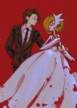 1boy 1girl ahoge arm_around_waist arm_at_side bare_shoulders black_jacket black_necktie blood blood_on_clothes blood_splatter bob_cut brown_eyes brown_hair collared_shirt colored_skin dress elbow_gloves explodjelly eye_contact formal_clothes gardevoir gen_3_pokemon gloves green_hair hair_over_one_eye hand_up happy jacket long_dress long_sleeves looking_at_another necktie nintendo one_eye_covered open_mouth paxton_(pokemon) pokemon pokemon_(creature) pokemon_legends:_z-a profile red_background red_eyes shirt short_hair simple_background smile standing strapless strapless_dress suit white_dress white_gloves white_shirt white_skin