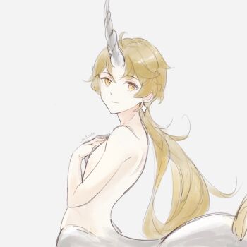 Rule 34 | 1boy, absurdres, aether (genshin impact), ahoge, blonde hair, centaur, closed mouth, commentary, cowboy shot, earrings, english commentary, genshin impact, hair between eyes, hair down, hands on own chest, highres, horse tail, jewelry, lim3cake, long hair, looking at viewer, male focus, monster boy, monsterification, sidelocks, signature, simple background, sketch, smile, solo, standing, tail, taur, topless male, white background, yellow eyes