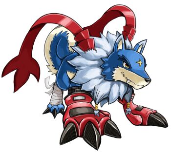 absurdres animal_focus digimon digimon_(creature) fangs full_body gaogamon gloves highres no_humans qkranks red_gloves red_ribbon ribbon simple_background solo white_background wolf yellow_eyes