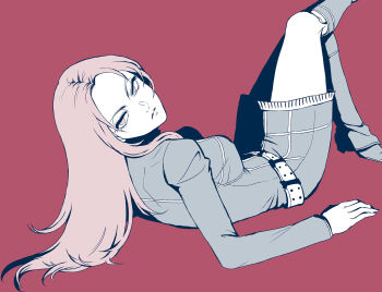 Rule 34 | >:(, 1girl, belt, blue dress, breasts, brown hair, commentary request, crossed legs, denim, denim dress, dress, frown, high contrast, highres, limited palette, long hair, looking at viewer, looking back, lying, medium breasts, multiple monochrome, on back, sanbonosrmkr, shin megami tensei, shin megami tensei iii: nocturne, solo, tachibana chiaki (megami tensei), v-shaped eyebrows