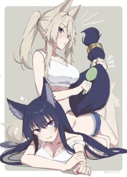 2girls :3 animal_ear_fluff animal_ears barefoot blonde_hair breasts brushing brushing_tail cat_ears cat_girl cat_tail cleavage closed_mouth commentary crop_top delta_(kagejitsu) facial_mark hair_brush highres holding holding_another's_tail holding_hair_brush kage_no_jitsuryokusha_ni_naritakute! kawakami_ichiten large_breasts long_hair midriff multiple_girls parted_lips ponytail purple_eyes short_shorts shorts smile tail tank_top white_tank_top wolf_ears wolf_girl wolf_tail zeta_(kagejitsu)