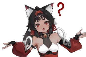 Rule 34 | 1girl, ?, absurdres, animal ear fluff, animal ears, barcode, barcode tattoo, bare shoulders, bell, black hair, breasts, cat ears, cat girl, commentary, dark-skinned female, dark skin, detached sleeves, dokomon, fang, forehead tattoo, hairband, highres, jingle bell, neck bell, nekomiya mana, red eyes, red hairband, red sleeves, small breasts, solo, tattoo, thick eyebrows, untranslatable commentary, zenless zone zero