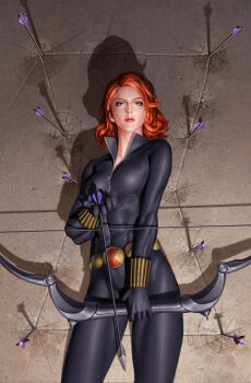 1girl arrow_(projectile) black_bodysuit black_widow bodysuit bow_(weapon) comic_cover commentary english_commentary grey_eyes highres holding holding_arrow holding_bow_(weapon) holding_weapon looking_ahead marvel natasha_romanoff official_art orange_hair parted_lips shadow solo superhero_costume textless_version traditional_media weapon yoon_junggeun zipper