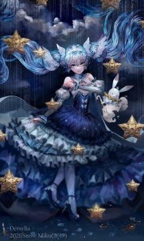 1girl bare_shoulders beamed_eighth_notes blue_dress blue_eyes blue_hair breasts brooch cane cape center_frills commentary detached_sleeves devselia dress earrings eighth_note english_commentary framed_breasts frilled_dress frilled_sleeves frills full_body gold_trim hair_between_eyes hair_ornament hatsune_miku high_heels highres hoop_skirt jewelry layered_dress long_hair long_sleeves mixed-language_commentary musical_note neck_ruff open_mouth pantyhose princess puffy_detached_sleeves puffy_sleeves rabbit rabbit_yukine red_carpet slippers small_breasts smile snowflake_hair_ornament snowflake_print snowflakes stained_glass stairs strapless strapless_dress striped_sleeves tiara twintails very_long_hair vocaloid white_pantyhose yuki_miku yuki_miku_(2019)