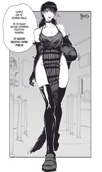 1girl apron black_apron black_hair bomb_devil_(chainsaw_man) bomb_devil_(chainsaw_man)_(cosplay) breasts chainsaw_man choker cleavage cosplay dress dynamite explosive gloves highres holding long_hair looking_at_viewer medium_breasts mitaka_asa monochrome open_mouth shoes sleeveless solo thighhighs translated victorbalgitt