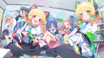 6+girls against_wall ahoge animal_ear_headphones animal_ears aqua_halo aris_(blue_archive) black_halo blue_archive blue_necktie bow cat_ear_headphones cat_ears commentary_request controller fake_animal_ears fake_tail forehead game_development_department_(blue_archive) green_bow halo headphones highres holding holding_controller id_card looking_at_viewer low-tied_sidelocks mechanical_halo midori_(blue_archive) momoi_(blue_archive) multiple_girls necktie neru_(blue_archive) neru_(school_uniform)_(blue_archive) orange_halo pink_halo power_symbol purple_hair rectangular_halo red_hair sho_me_1853 siblings sidelocks sisters strap_slip tail twins two_side_up yellow_halo yuuka_(blue_archive) yuzu_(blue_archive)