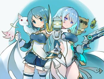 2girls animal armor blue_background blue_eyes blue_hair blue_skirt breastplate breasts cape color_connection commentary_request creature detached_sleeves dreizehn_(shadowverse) dual_wielding fortissimo gloves gun hair_ornament hairclip highres holding holding_gun holding_weapon kyubey leotard looking_at_viewer magical_girl mahou_shoujo_madoka_magica mahou_shoujo_madoka_magica_(anime) miki_sayaka multiple_girls musical_note musical_note_hair_ornament partial_commentary pleated_skirt pointing pointing_at_viewer raccoon shadowverse shadowverse:_worlds_beyond short_hair skirt smile soul_gem standing taribanseikenhaisshisoden thighhighs v-shaped_eyebrows weapon white_cape white_gloves white_leotard white_thighhighs