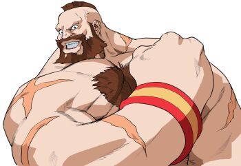 1boy armband beard bengus brown_hair chest_hair clenched_hand facial_hair game_cg grin highres looking_at_viewer male_focus mohawk multiple_scars muscular muscular_male non-web_source official_art parted_lips portrait scar scar_on_arm simple_background smile solo street_fighter street_fighter_zero_(series) teeth topless_male upper_body upper_teeth_only veins veiny_face white_background wrestler zangief