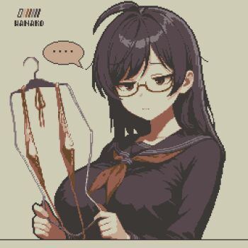 Rule 34 | ..., 1girl, :t, ahoge, artist name, black hair, black sailor collar, black shirt, breasts, closed mouth, commentary request, confused, glasses, half-closed eyes, highres, holding, large breasts, long hair, long sleeves, looking at viewer, original, pixel art, raised eyebrow, red-framed eyewear, red eyes, red ribbon, red slingshot swimsuit, ribbon, sailor collar, school uniform, serafuku, shirt, sidelocks, slingshot swimsuit, solo, specialhanako, speech bubble, swimsuit