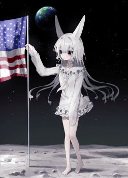 1girl absurdres american_flag barefoot black_eyes earth_(planet) frilled_shirt_collar frills full_body hayu_(hayu0305) highres long_hair long_sleeves lunar_surface miniskirt moon moon_rabbit neckerchief original planet rabbit rabbit_girl revision shirt skirt sky solo space standing star_(sky) starry_sky white_hair white_neckerchief white_shirt white_skirt