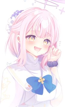 Rule 34 | 1girl, absurdres, alternate hairstyle, blue archive, blue bow, blush, bow, breasts, buttons, closed mouth, commentary request, dress, flower, gold trim, hair bun, hair flower, hair ornament, halo, high-waist skirt, highres, long hair, medium breasts, mika (blue archive), open mouth, pink hair, pink halo, purple flower, scrunchie, simple background, single hair bun, single side bun, skirt, smile, solo, upper body, very long hair, white background, white dress, wrist scrunchie, yahagi (yui1251), yellow eyes