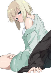 Rule 34 | 1girl, 8sjqzhap4pupzkc, :s, absurdres, blonde hair, blush, erica hartmann, green eyes, green hoodie, highres, hood, hoodie, looking at viewer, simple background, sitting, strike witches, tank top, toes, white background, world witches series