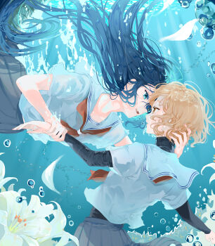 2girls absurdres bekkou_ame black_shirt black_skirt blonde_hair blue_eyes blue_hair brown_eyes bubble commentary flower highres holding_another's_wrist layered_shirt lily_(flower) long_hair multiple_girls neckerchief oumi_shiori red_neckerchief sailor_collar school_uniform serafuku shirt short_hair skirt turtleneck turtleneck_shirt underwater watashi_wo_tabetai_hitodenashi water white_flower white_lily white_sailor_collar white_shirt yaotose_hinako yuri