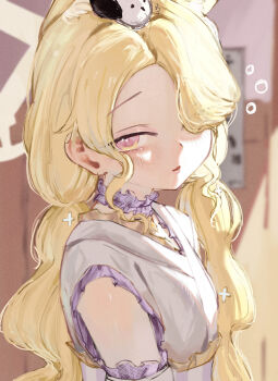 1girl absurdres animal animal_ear_fluff animal_ears animal_on_head bird blonde_hair blue_archive choker commentary_request detached_sleeves fox_ears frilled_choker frills from_side hair_over_one_eye halo highres japanese_clothes kimono lechiennoir long_hair looking_at_viewer looking_to_the_side low_twintails multicolored_eyes official_alternate_costume on_head parted_lips pink_eyes portrait seia_(blue_archive) sleeveless sleeveless_kimono solo squeans twintails two-tone_eyes white_kimono yellow_eyes yellow_halo