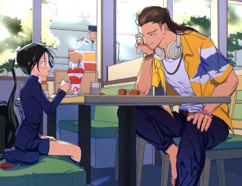 3boys :t adam's_apple arm_support ashikaga_takauji_(nige_jouzu_no_wakagimi) backpack bag barefoot belt black_hair blue_hat blue_jacket blue_shirt blue_shorts blush booth_seating bracelet brown_belt brown_hair casual chair cheek_bulge child closed_mouth collared_shirt contemporary crazy_eyes dddkomesobbb denim diner eating food fruit gakuran glowing green_eyes half_updo hand_on_lap hand_on_own_knee hat head_rest headphones headphones_around_neck highres holding holding_spoon houjou_tokiyuki_(nige_jouzu_no_wakagimi) indoors jacket jeans jewelry knee_up leaf leaning_forward long_hair long_sleeves looking_at_another male_focus menu military_hat multiple_boys multiple_bracelets multiple_rings necklace nige_jouzu_no_wakagimi official_alternate_costume ogasawara_sadamune on_chair open_clothes open_shirt orange-tinted_eyewear pants parfait parted_bangs peaked_cap police police_uniform ponytail purple_eyes ring school_uniform scrunchie shirt shorts sidelocks_tied_back smile spoon strawberry strawberry_parfait sunglasses table thick_eyebrows tinted_eyewear tree unworn_eyewear unworn_hat unworn_headwear very_long_hair whipped_cream white_shirt window wing_collar wooden_table wrist_scrunchie yellow-framed_eyewear yellow_shirt