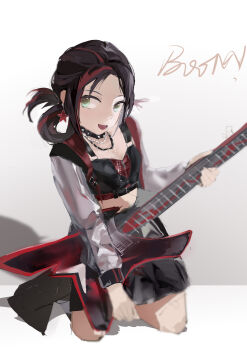 Rule 34 | 1girl, absurdres, black choker, black hair, black skirt, black tank top, border, breasts, chain, chain necklace, chinese commentary, choker, cleavage, collarbone, commentary request, counterflow concerto (infinity nikki), cropped legs, detached sleeves, dot nose, earrings, electric guitar, eyelashes, green eyes, grey background, grey sleeves, guitar, hair rings, happy, highres, infinity nikki, instrument, jewelry, long sleeves, looking at viewer, midriff, miniskirt, multicolored hair, music, necklace, nikki (series), open mouth, outside border, playing guitar, playing instrument, pleated skirt, punk, see-through clothes, see-through sleeves, shadow, sharp teeth, short hair, sidelocks, skirt, smile, solo, sound effects, star (symbol), star earrings, streaked hair, tank top, teeth, tudousiyujiangsi, white border