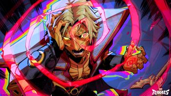 1boy @_@ absurdres adam_warlock armor blonde_hair colored_sclera commentary copyright_logo copyright_name distress english_commentary gold_skin hand_on_own_head highres leo_chiola logo male_focus marvel marvel_rivals muscular muscular_male official_art open_mouth parted_hair pauldrons short_hair shoulder_armor solo spiral staff yellow_sclera