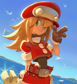 1girl artist_name belt bird black_bodysuit blonde_hair blue_sky bodysuit brown_belt brown_gloves buttons newsboy_cap closed_mouth commentary english_commentary flutter_(mega_man) gift_art glint gloves green_eyes hair_over_one_eye hat highres holding holding_wrench jacket looking_to_the_side making-of_available medium_hair mega_man_(series) mega_man_legends_(series) narrow_waist ocean piloreta red_hat red_jacket roll_caskett_(mega_man) short_sleeves sky smile solo w water wrench
