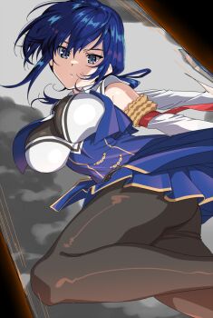 1girl arm_scrunchie arms_behind_back ass assault_lily bare_shoulders black_pantyhose blue_eyes blue_hair blue_shirt breasts brown_scrunchie closed_mouth collared_shirt commentary_request cowboy_shot day detached_sleeves from_below from_side hair_between_eyes hayami_katsura large_breasts leg_up long_hair long_sleeves looking_at_viewer looking_down looking_to_the_side low_ponytail miniskirt mototenn odaiba_girls_high_school_uniform outdoors outstretched_arms overcast pantyhose pleated_skirt ponytail school_uniform scrunchie shirt skirt sky sleeveless sleeveless_shirt solo standing standing_on_one_leg thighs two-tone_shirt v-shaped_eyebrows waist_cape white_shirt