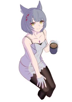 1girl absurdres animal_ear_fluff animal_ears cat_ears cat_girl closed_mouth collarbone commentary_request cup eyelashes fingerless_gloves from_above gloves grey_hair highres holding holding_cup invisible_chair k0oo_0 looking_at_viewer mio_(xenoblade) mug pantyhose simple_background sitting smile smoke solo white_background white_gloves xenoblade_chronicles_(series) xenoblade_chronicles_3 yellow_eyes
