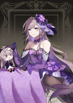 1girl absurdres bare_shoulders breasts character_doll choker commentary doll dress english_commentary feet_out_of_frame flower grey_hair grin hair_flower hair_ornament herta_(honkai:_star_rail) herta_(puppet)_(honkai:_star_rail) highres honkai:_star_rail honkai_(series) long_hair long_sleeves off-shoulder_dress off_shoulder official_alternate_costume pantyhose purple_choker purple_dress purple_eyes purple_flower shiraishi_an_(shunaa0) small_breasts smile the_herta_(honkai:_star_rail) the_herta_(star_rail_live_2025)_(honkai:_star_rail) very_long_hair